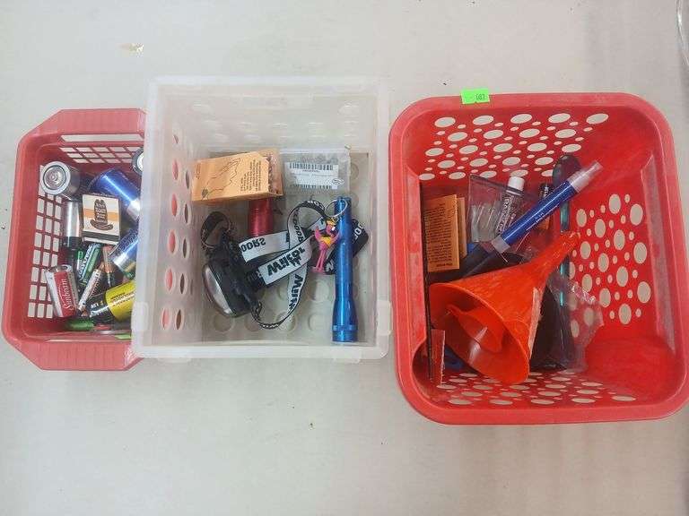 3 plastic bins /batteries/flashlights image