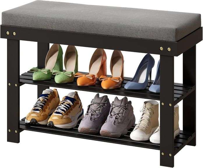 Shoe Rack Bench, 3-Tier Bamboo Shoe Rack with 1.6" Thick Pad image