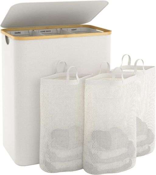 Extra Large 3 Section Dirty Clothes Laundry Basket with Lid, image