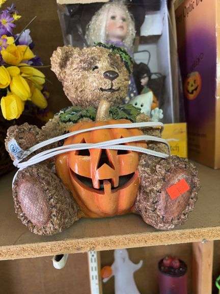 Teddybear with pumpkin lamp image