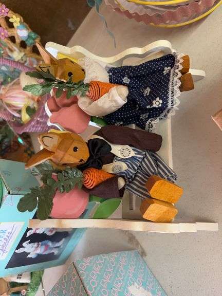 Easter decorations wooden bunnies on wood bench image