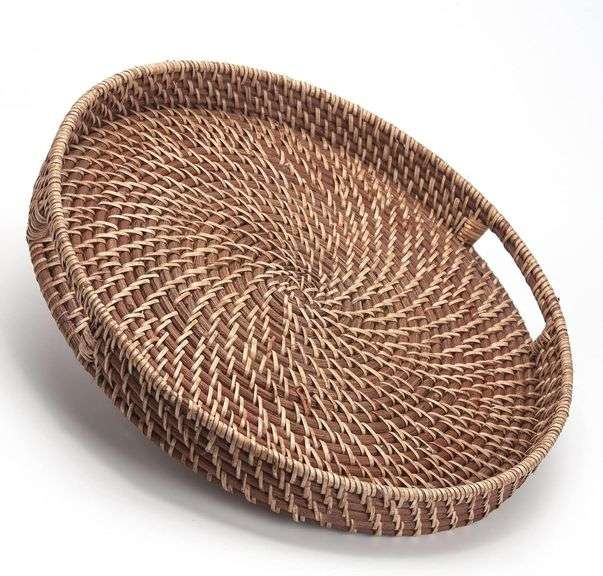 Round Rattan Woven Serving Tray with Handles Ottoman Tray fo image