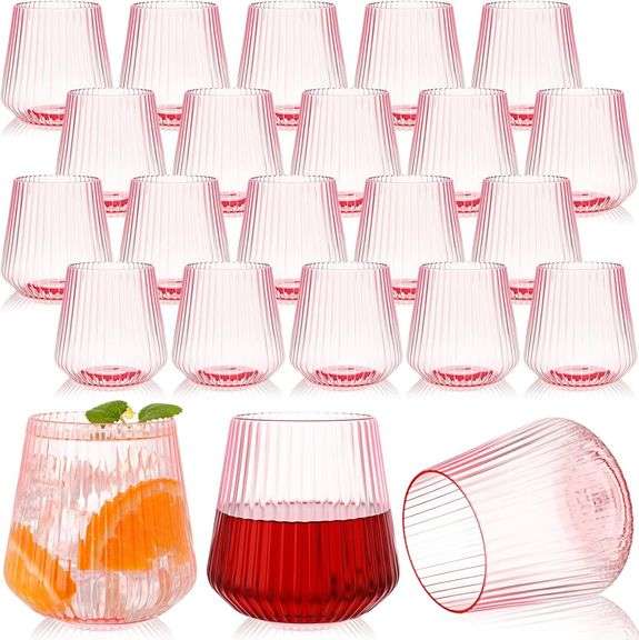 Suclain 50 Pcs Plastic Wine Glasses Pink Ribbed Stemless Win image