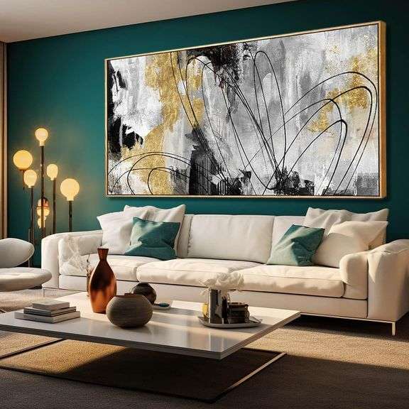 $127 Large Canvas Wall Art Gold Abstract Paintings 29x58 Inc image
