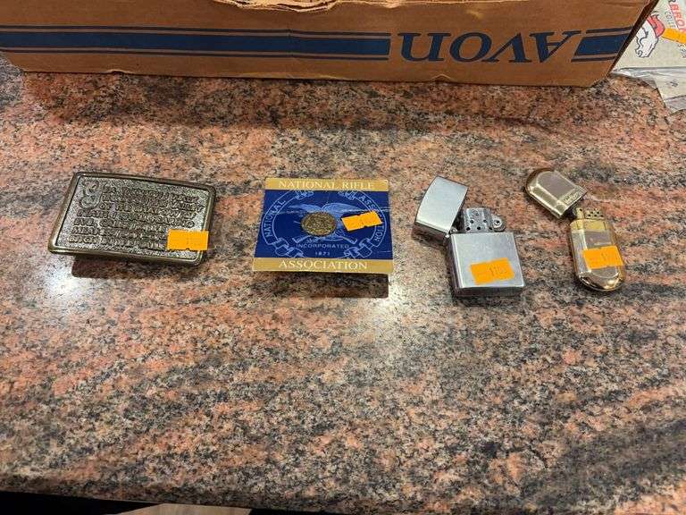 Belt buckle, NRA pin, 2 flint lighters image