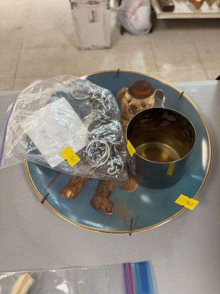 Plate, dog collars and small metal cup image
