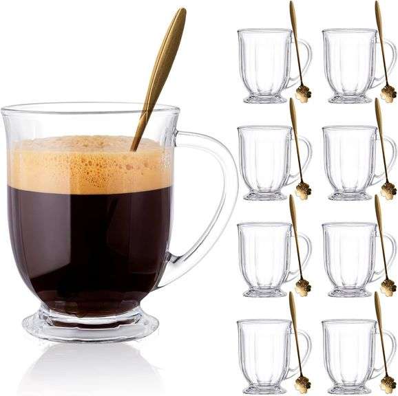 Glass Mug Set of 8, 15 oz Large Capacity Coffee Mugs with Ha image