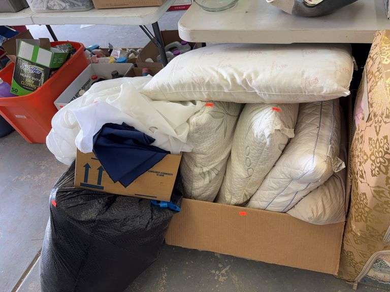 Box and bag of pillows and miscellaneous fabrics image