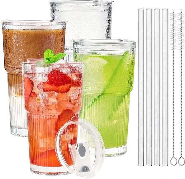 TUZAZO 20 Oz Glass Tumblers with Lids and Straws - 4 Pack Em image