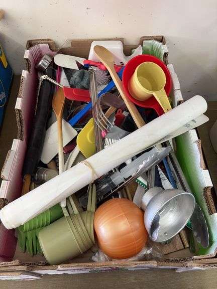 Box of miscellaneous kitchen utensils image
