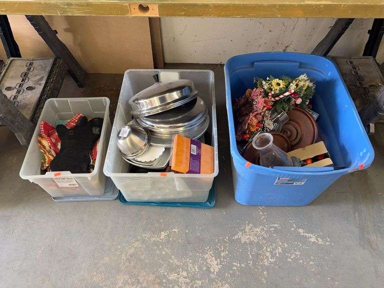 3 totes of miscellaneous decorations, and housewares image