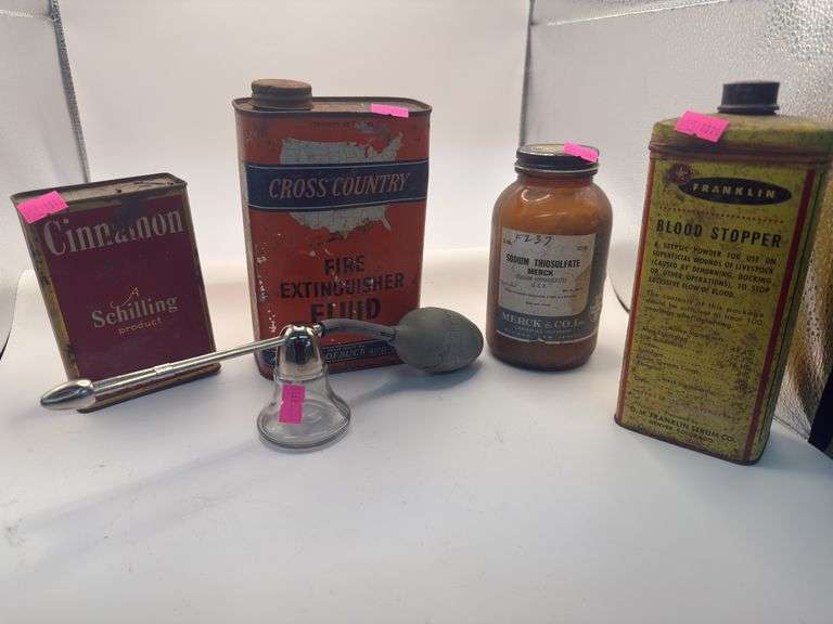 Assorted antique cans and perfume sprayer image