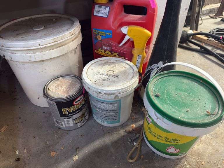 Two finals, white bucket, insect killer, chicken, bouillon, deck screws, white paint image