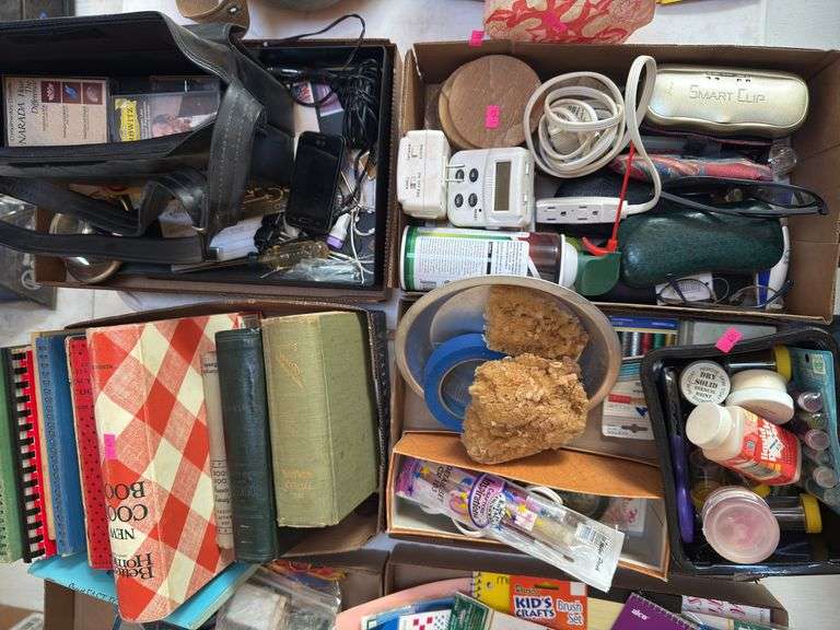 Assorted crafting goods, cookbooks, glasses, tape cassettes, tools image