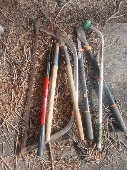 Trimmers a saw a hoe and miracle grow sprayer image