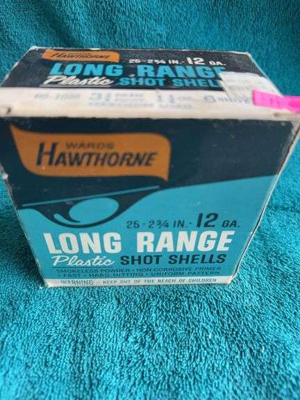 (Wards Hawthorne “Long Range” 12 gauge plastic shotgun shells, 2¾-inch, 3¼ dram equivalent, 1⅛ oz #6 shot image