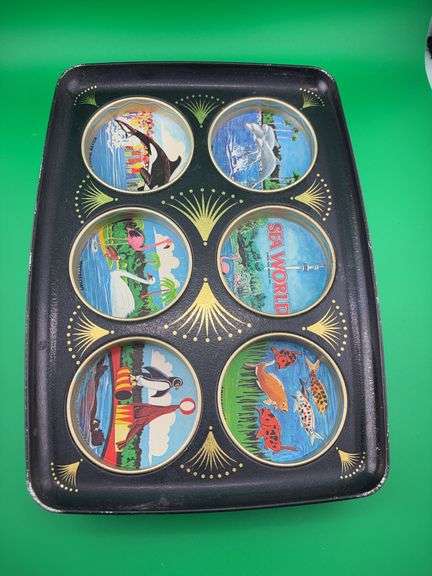 Vintage Sea World metal souvenir drink tray and a Spirit in the Wind picture image