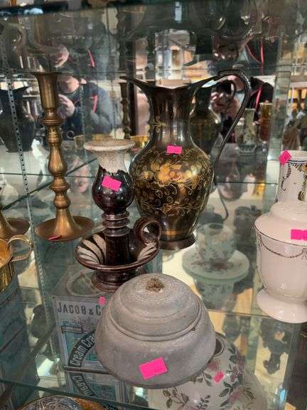 Brass pitcher, candle holder and music box image