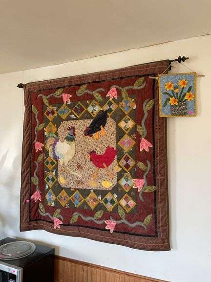 Chicken quilt and flower wall decor. image
