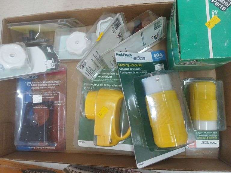 Box of Assorted RV Accessories Locking Cord Connectors Misc Knobs image