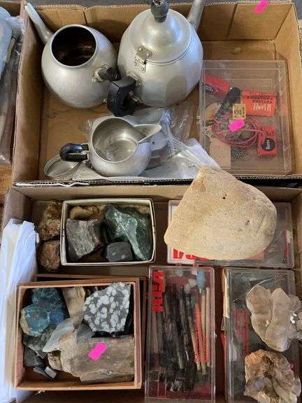 Two boxes containing crystals, stones, and pots image