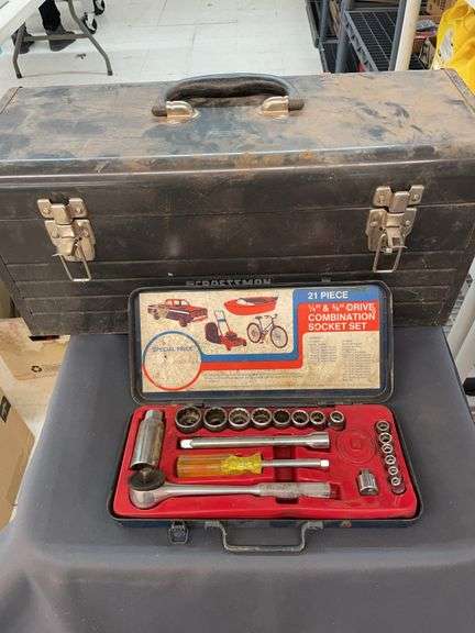 Craftsman metal toolbox and 21 piece quarter inch and 3/8 inch drive combination socket set image