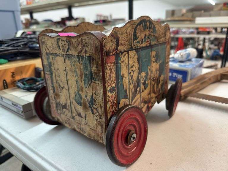 Antique toy circus car, vulcanizing patch kit, assorted dice, assorted pins image