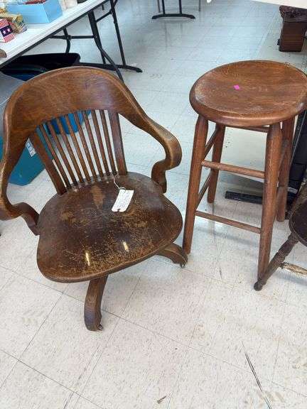 Wooded stool & J.S. and Johnson oak chair from Sagueche  medical Office. image