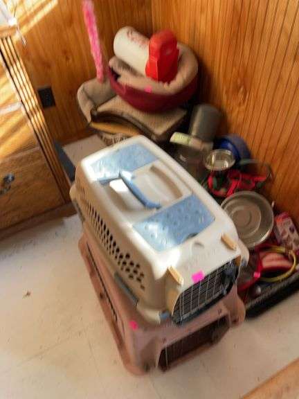 Large lot of pet supplies. Crates beds, toys, wandering bowls and feeders image