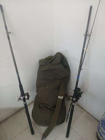Vintage Sea Bag with Military Clothing / 2 Fishing Poles image