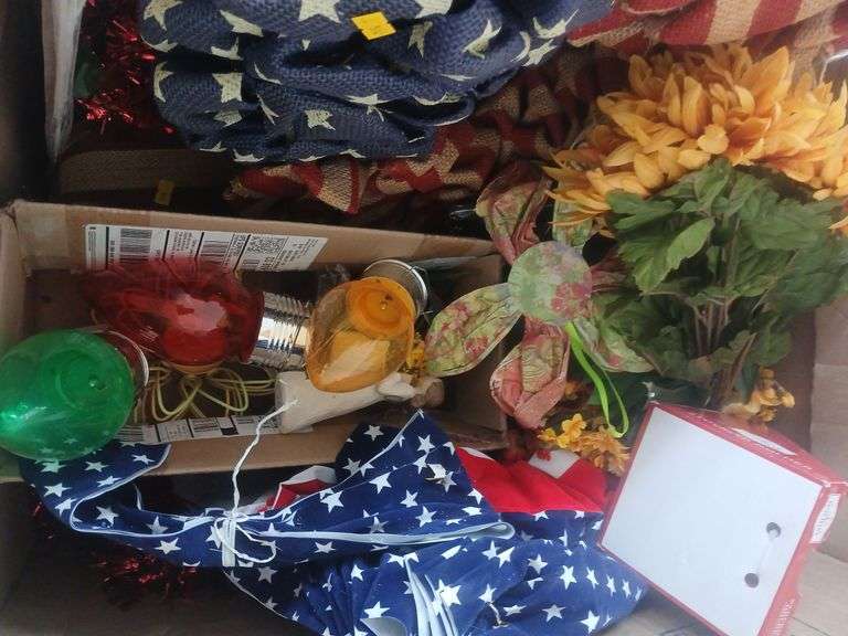 Box of misc decor ,Christmas, 4th of July, artificial plants image