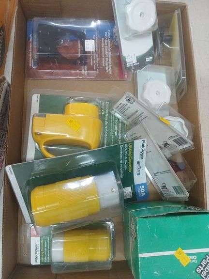 Box of Assorted RV Accessories Locking Cord Connectors Misc Knobs image