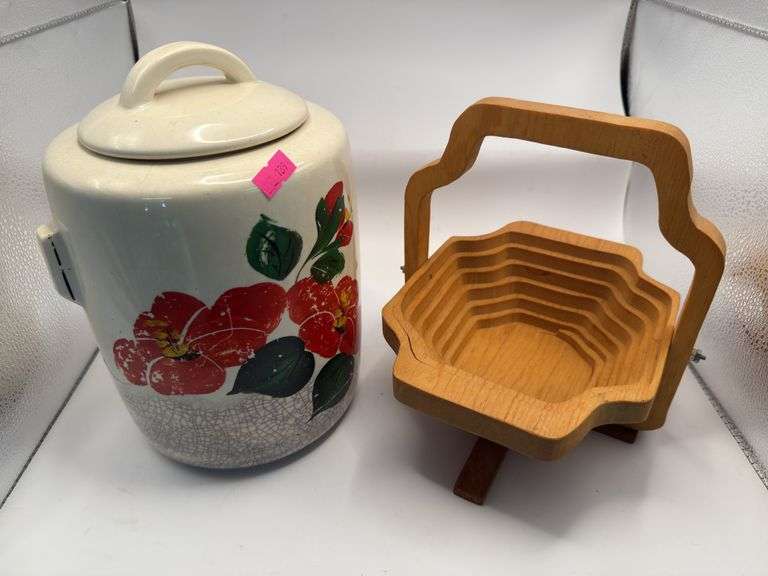 McCoy Pottery cookie jar, Wooden collapsible basket image