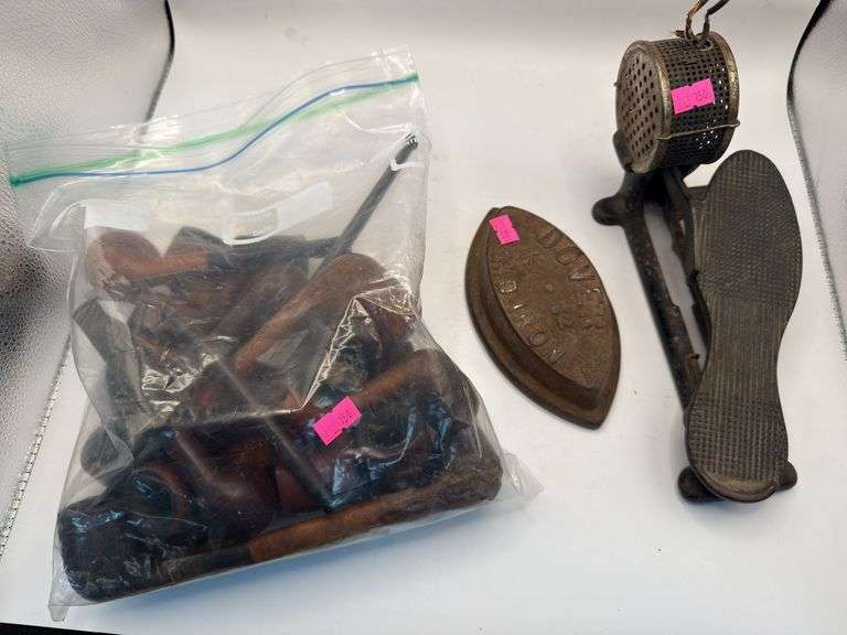 Dover sad iron, sewing machine speed control pedal, assorted smoking pipes image