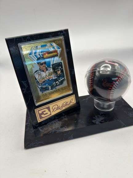 Dale Earnhardt 24K Gold Trading Card and Baseball on Display image