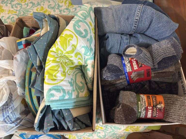 2 boxes of socks, pants, crafting items image