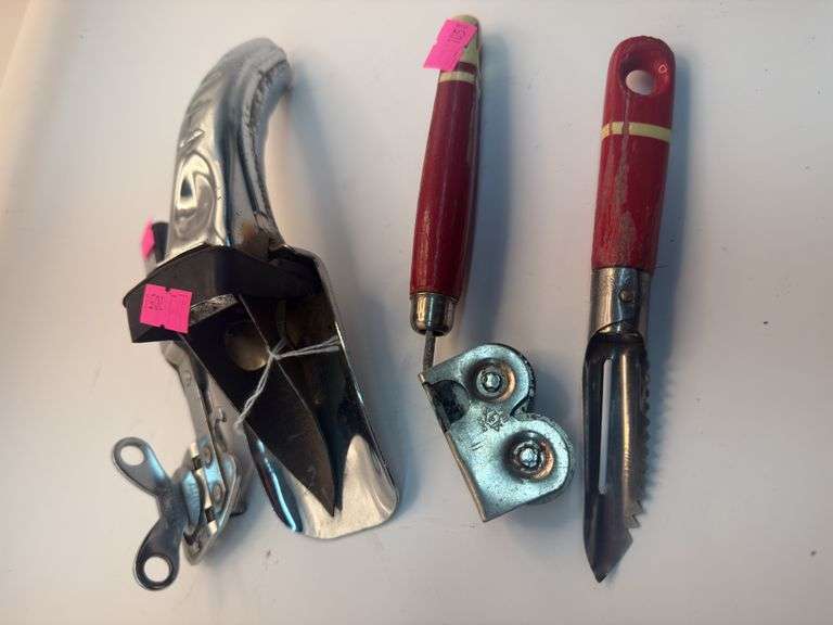 Peeler, sharpener, can opener, oil can spout image