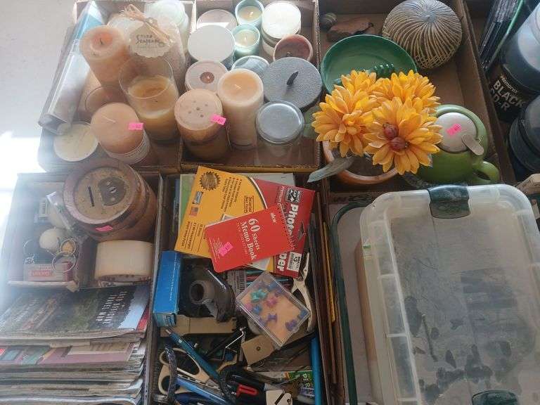 6 flats of maps, office supplies, crafts and candles. image