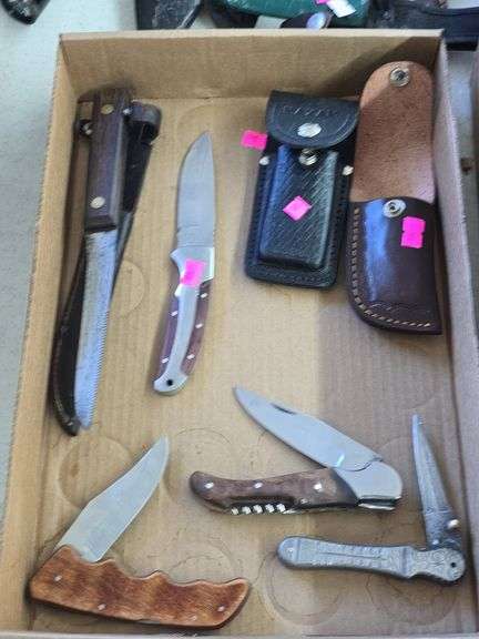 3 Folding Knives and 2 Fixed Blade Knives w/ Scabbards image