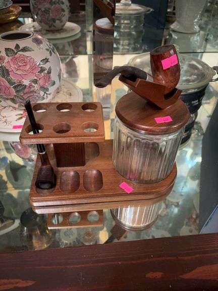 vintage walnut pipe stand with a glass humidor jar image