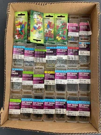 Box of assorted nails, fasteners, tacks and pushpins image