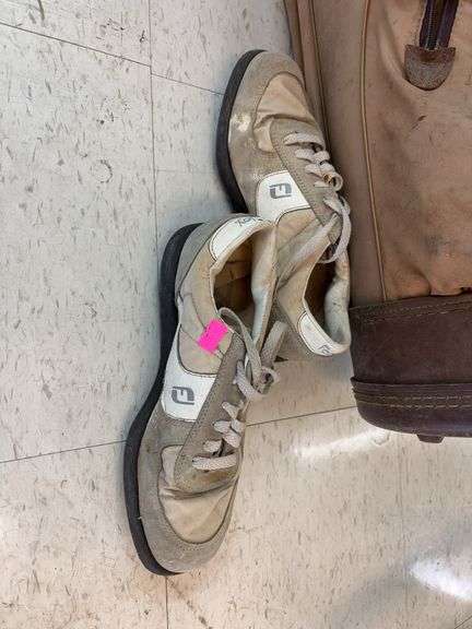 Golf bag with clubs and a pair of golf shoes image