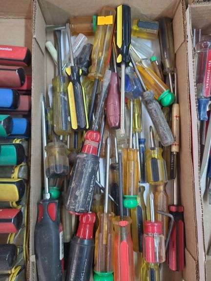 box of various sized Phillips and flat head screw drivers image