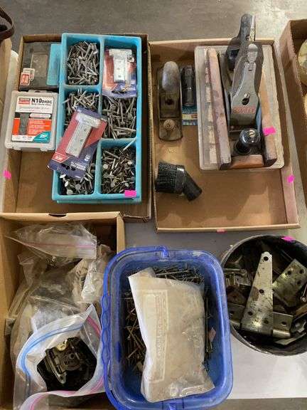 Large lot of nails screws, hinges door, knobs, other hardware and two vintage wood planes image