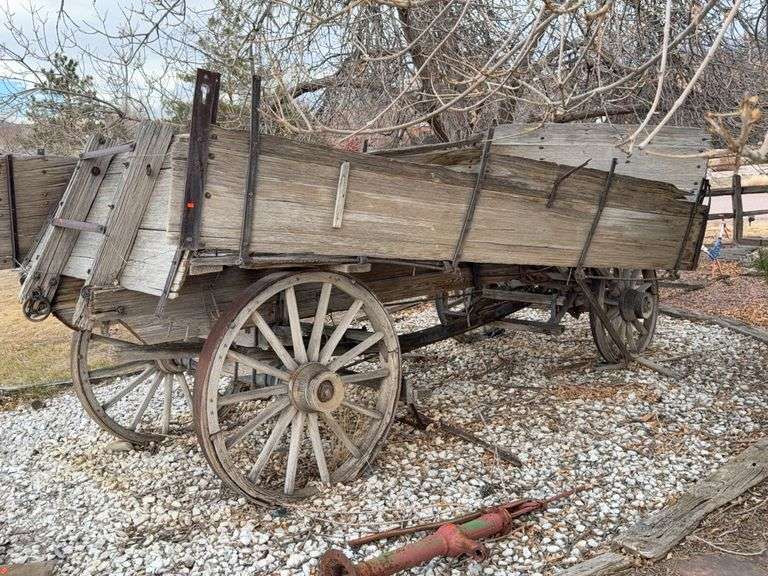 Antique Wood-Bed Horse-Drawn Wagon w/ Steel-Rim Wheels image