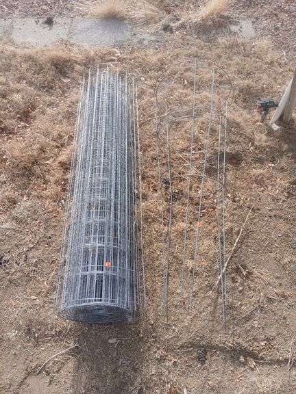 Wire fencing and wire tomato cage. image