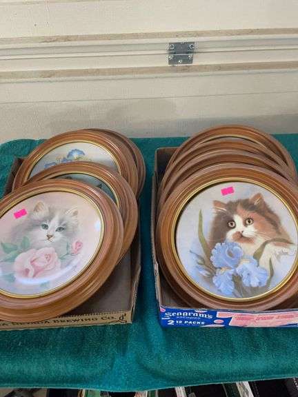 Two boxes of framed cat plates by Bob Harrison image