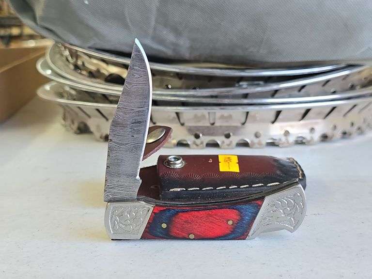 Damascus Folding Pocket Knife w/ Scabbard image