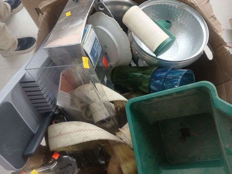 Two boxes of misc kitchen and office supplies. image