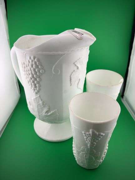 Indiana Colony Harvest Grape milk glass 8 tumblers and pitcher image